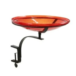 14in Handblown Red Crackle Glass Birdbath With Deck Mount