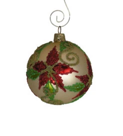 Beaded Poinsettia Ball Blown Glass Ornament